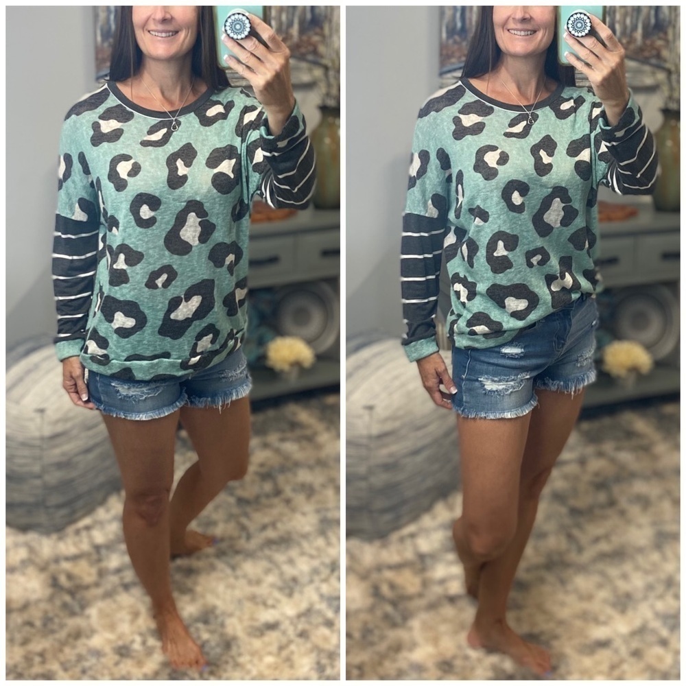 Leopard Print Striped Gauze Sleeves Mint 0619